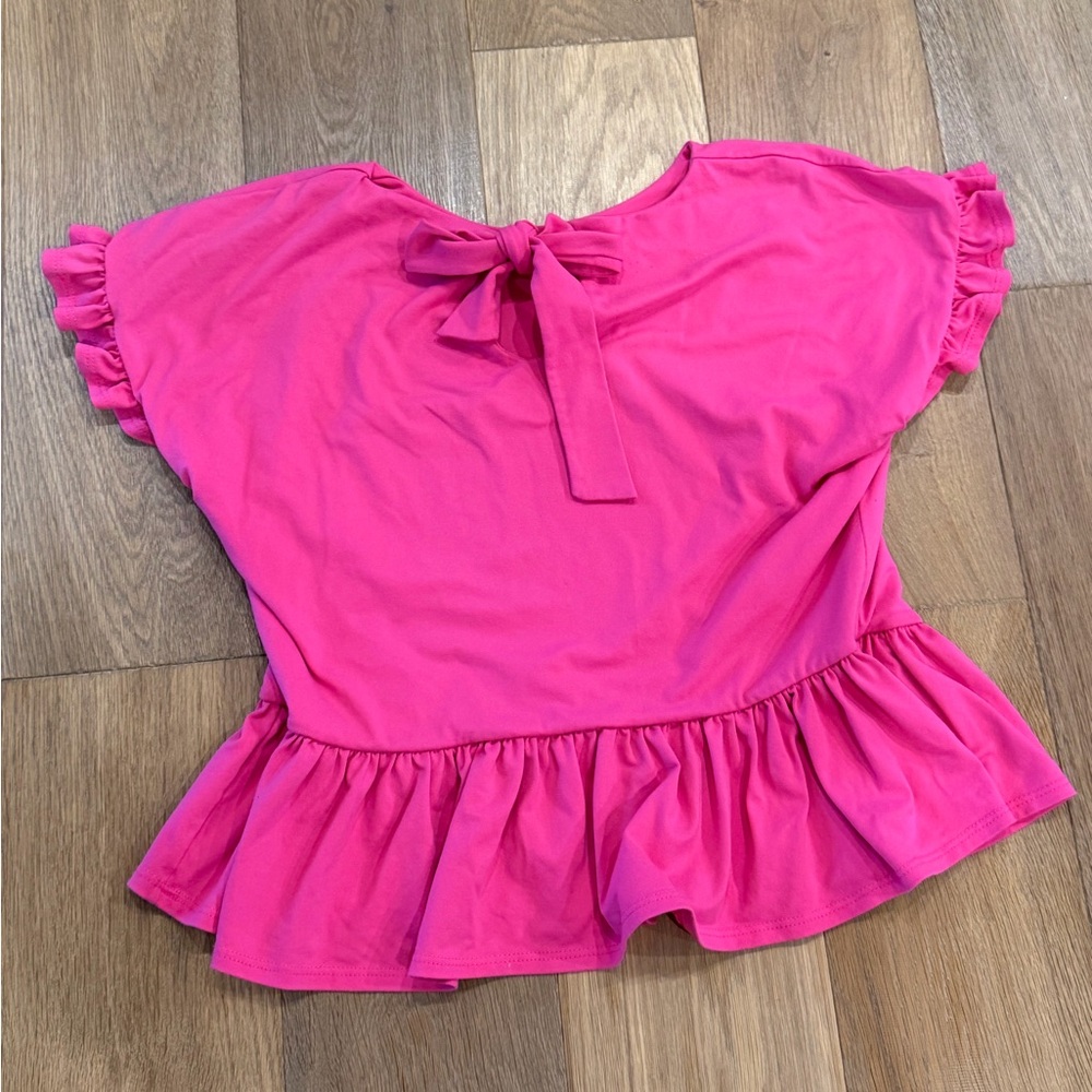 Susana Monaco Pink Peplum Top Small | Ruffle Sleeve Tie Back Stretch Blouse